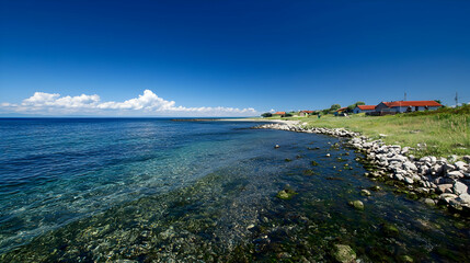 Coastal Houses Along Crystal Clear Ocean Water On Sunny Day