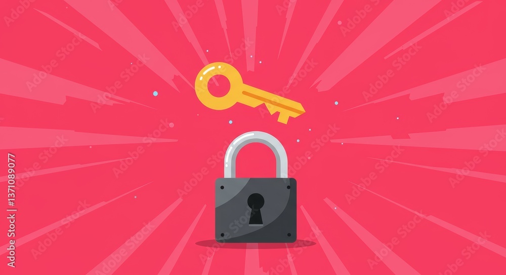 Poster bright key hovering above a steel padlock on a vibrant pink background symbolizing security and acce