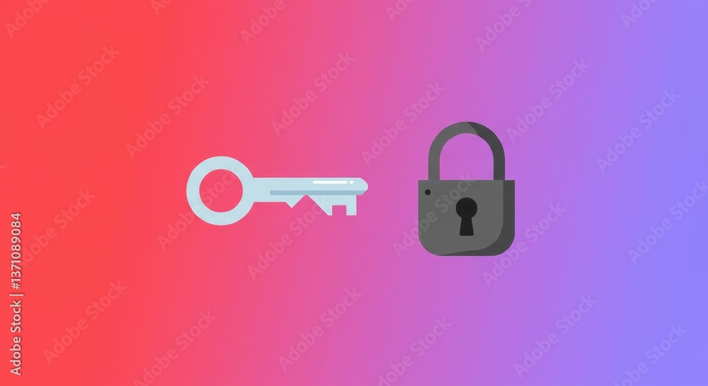 Poster digital key and padlock symbols on a gradient background conveying security and access control, repr