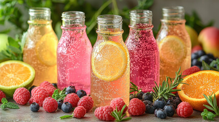 Refreshing functional beverage with vibrant fruits and herbs in natural light