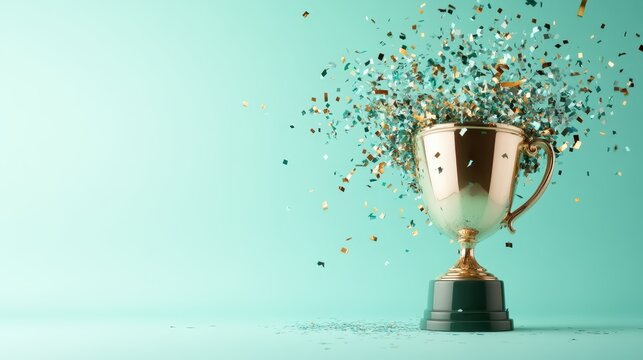 A gleaming golden trophy is surrounded by a vibrant explosion of colorful confetti, symbolizing celebration and achievement in a festive atmosphere.