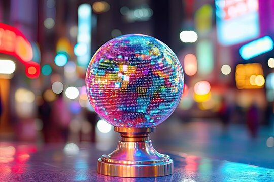 An artistic representation of virtual coding and a holographic globe, layered over a hazy cityscape. Achieved through multiexposure photography