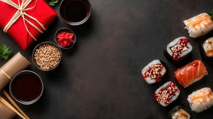 An elegant arrangement of sushi and visually appealing garnishes set against a dark backdrop, highlighting the vibrant colors and artistic composition of each element.