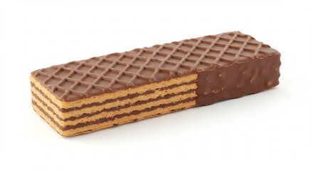 A crisp wafer bar featuring multiple golden layers, partially coated in chocolate, isolated on a white background. Perfect for sweet snack ads, packaging, or editorial use.