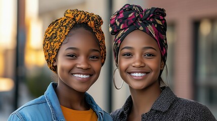Two smiling young women in colorful headwraps posing outdoors in urban setting