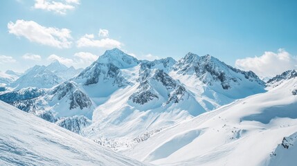 Obraz premium Snow covered mountains meet pale blue sky.