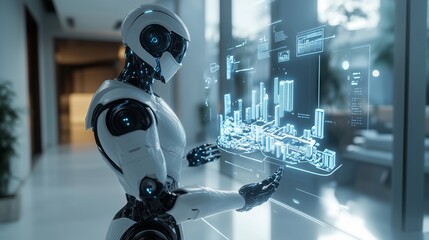 A futuristic humanoid robot using a holographic interface to design a digital city model, with floating 3D elements in a minimalist room