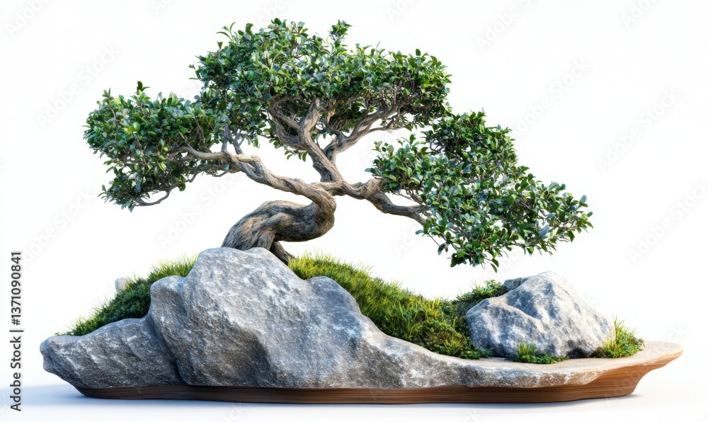 Poster miniature bonsai tree on rocks with a white background for design use