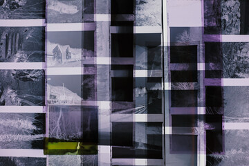 Vintage medium format film negatives arranged in overlapping layers, creating abstract geometric...