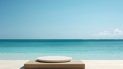 Obraz premium White Round Display Platform On Wooden Platform Over Ocean Beach