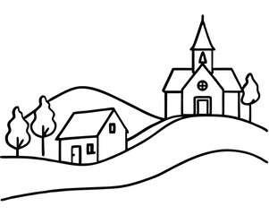 Village with church. Continuous one line art drawing style. Landscape of small country. Black linear sketch isolated on white background. Vector illustration.