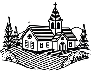 Village with church. Continuous one line art drawing style. Landscape of small country. Black linear sketch isolated on white background. Vector illustration.