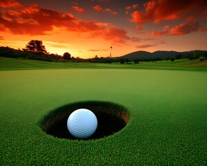 Fototapeta premium Golf ball sinking sunset putt.