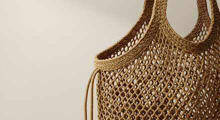 Close-up view showcasing a woven jute market bag with an intricate mesh design