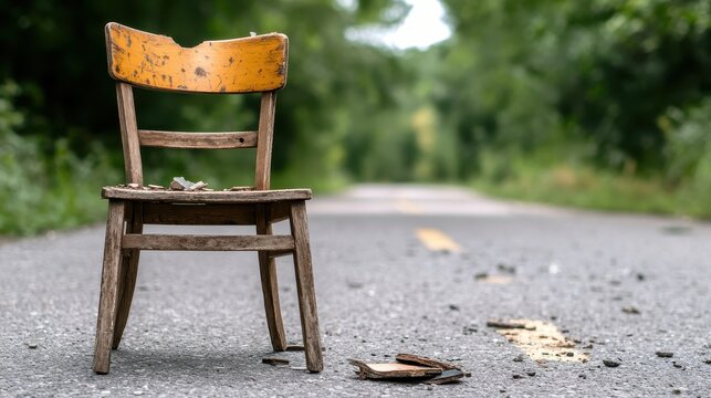 A lonely wooden chair on an empty road symbolizes abandonment, nostalgia, and the passage of time, evoking deep emotions and thoughts about human presence and absence.