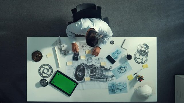 Top down view of skilled engineer writing and planning turbine engine design while sitting at meeting table with gear and electronic generator scatter around. Technician taking a note. Alimentation.