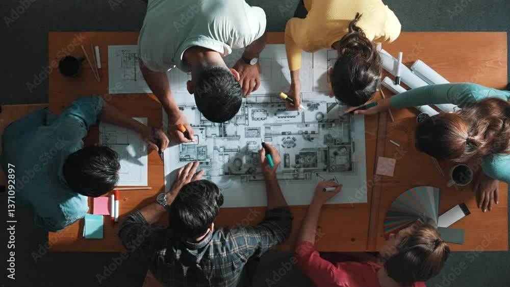 Poster top down view of civil engineer team writing at blueprint at meeting table with color palettes. grou