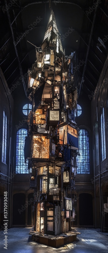 Poster towering structure made from window and door frames