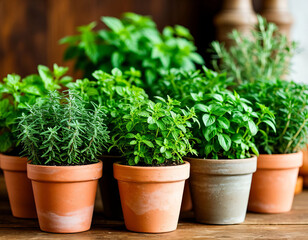 Fototapeta premium Potted Herb Plants in Terracotta Pots on Wooden Shelf