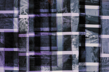 Layered medium format film negatives creating abstract geometric composition. Multiple transparent...