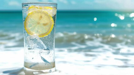 Cool drink filled with ice sits on the sandy beach as gentle waves lap at the shore under a bright blue sky. Perfect for summer relaxation and enjoyment by the ocean. - Powered by Adobe