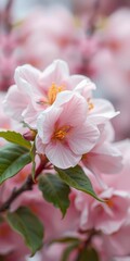 Obraz premium Beautiful pink flowers bloom on a branch during springtime, creating a vibrant natural landscape in a garden
