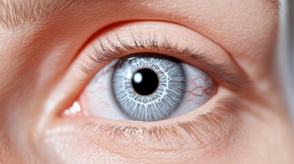 Fototapeta premium Close-up of a light-gray eye, focusing on the detailed iris and blood vessels