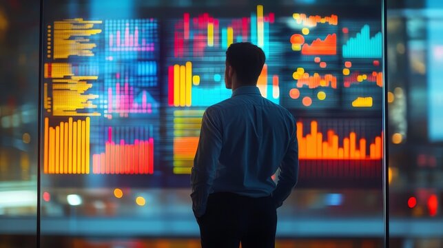 Businessman analyzing data on a digital screen with graphs in a modern office environment