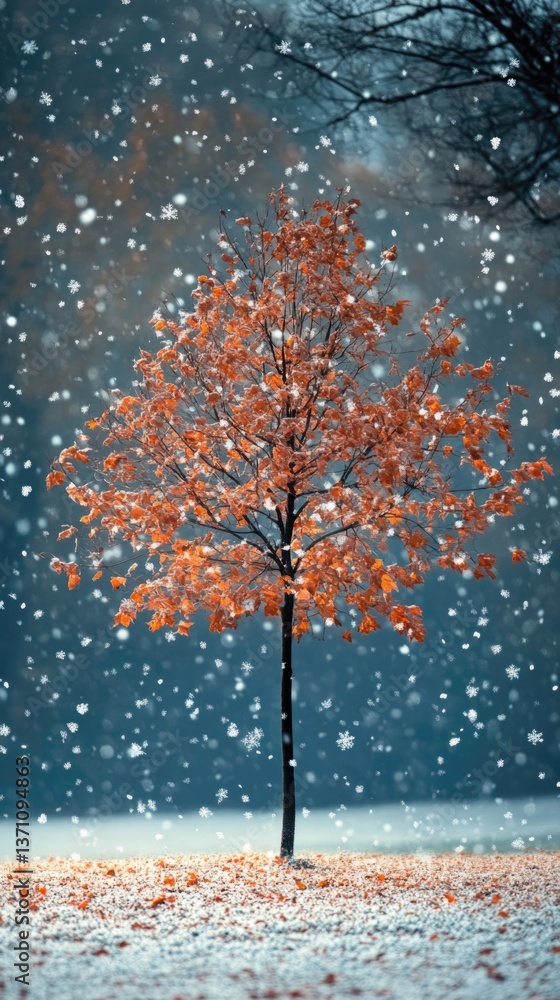 Poster a single tree stands alone in a snowy field with falling snow