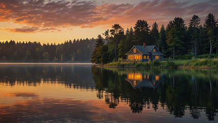 Obraz premium house by the lake in the morning