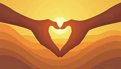Fototapeta premium Adult hands form heart shape around child silhouette against sunrise. Symbol of parental love, family relationship, child protection, care, and hope