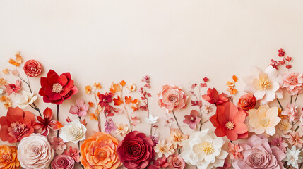 Arrangement of paper flowers in warm coral, peach, and red hues on a beige background, creating a floral border with ample free space, ideal for text or design mockup