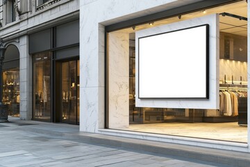 Elegant digital mockup of a blank white horizontal poster displayed at a luxury store entrance