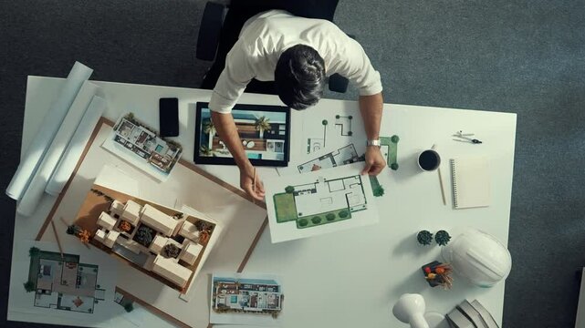 Top view of business man using tablet plan house design while sitting at meeting table with blueprint and equipment scatter around. Aerial view of civil engineer working at blueprint. Alimentation.