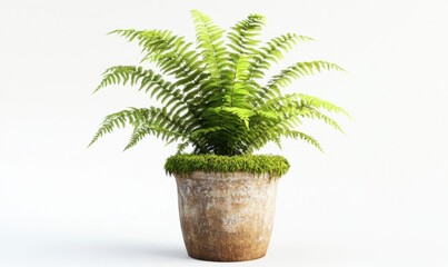 Obraz premium Potted fern with moss on white background for home decor