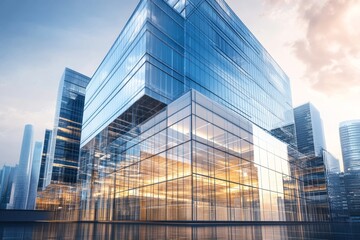 Fototapeta premium Contemporary office building with glass facade reflecting skyscrapers in city center setting
