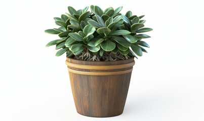 Fototapeta premium Potted plant with green leaves in wooden planter on white background for decoration