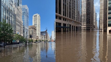 A city street flooded with water and surrounded by tall buildings, ideal for use in news, documentary or conceptual projects