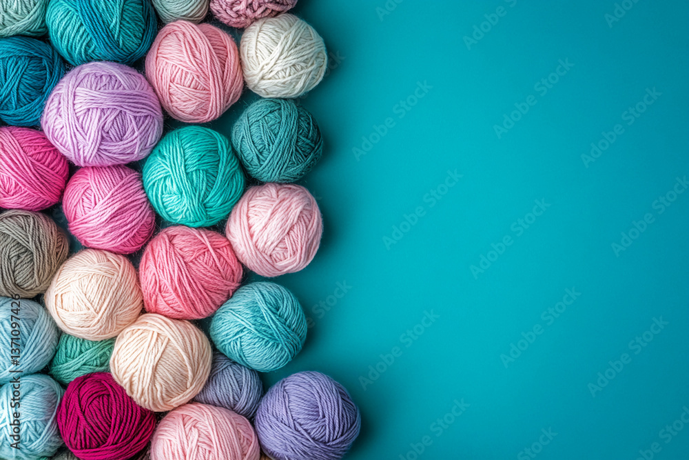 Poster colorful yarn balls arranged on teal background, leaving ample free space for text or design element