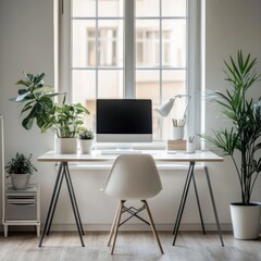 Fototapeta premium A desk with a computer and a potted plant in a office setting