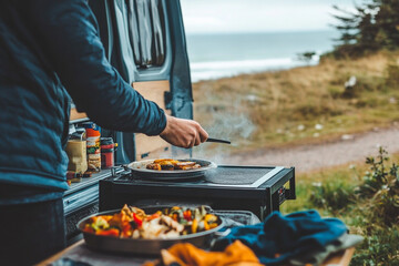 Person cooking outdoors from campervan near beachside