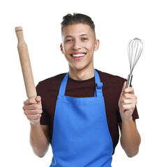Happy man with rolling pin and whisk on white background