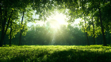 Obraz premium Sunlit Forest Landscape with Lush Green Grass