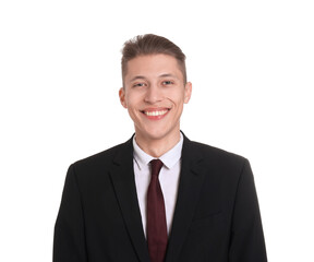 Handsome young man in suit on white background