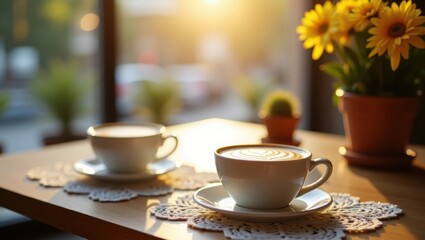 two cups of cappuccino with latte art