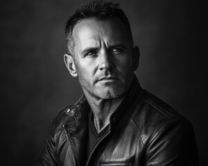 Fototapeta premium A man wearing a leather jacket, likely for riding or fashion purposes