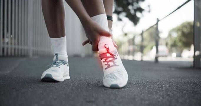 Athlete, hands and ankle pain on street with injury, fatigue and sprain with inflammation in city. Person, runner and overlay for fitness, workout and exercise with joint ache and stress on sidewalk