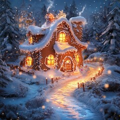 Fototapeta premium Gingerbread house glows in snowy winter night