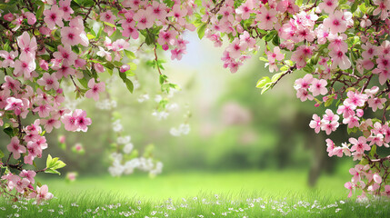Obraz premium Blossoming pink flowers framing a serene green background