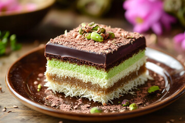 Layered dubai chocolate dessert with pistachio on brown plate
